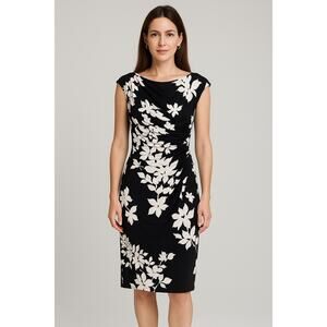 Lauren Ralph Lauren Black White Floral Ruched Sheath Dress 6 Classic Old Money
